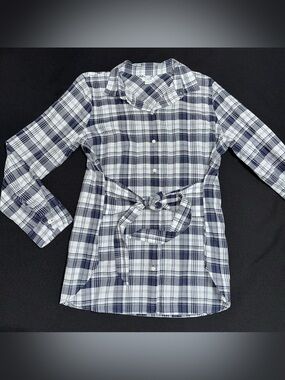 J.Crew Factory Plaid Button-Front Tie-Waist Shirt Navy & White medium